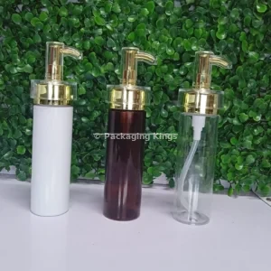 100ml Tall Flat Shoulder Plastic Bottles with Gold Pump & Clear Cap (5 Pack) – Clear, White, & Amber Bottles for Lotions, Oils, & Serums