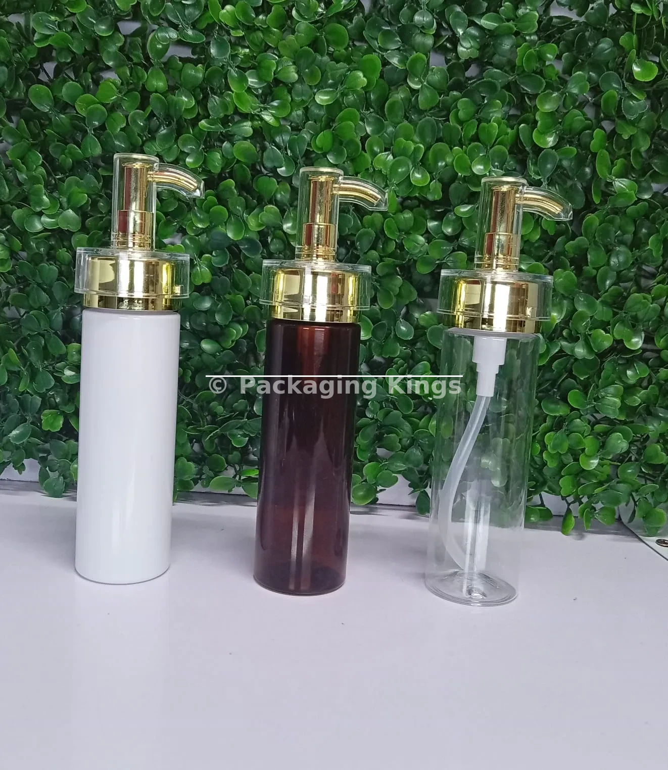 100ml Tall Flat Shoulder Plastic Bottles with Gold Pump & Clear Cap (5 Pack) – Clear, White, & Amber Bottles for Lotions, Oils, & Serums