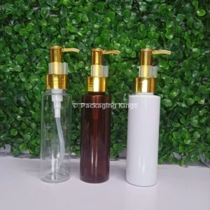 100ml Tall Flat Shoulder Plastic Bottles with Gold Pump (5 Pack) – Clear, White, & Amber Bottles for Lotions, Oils, & Serums