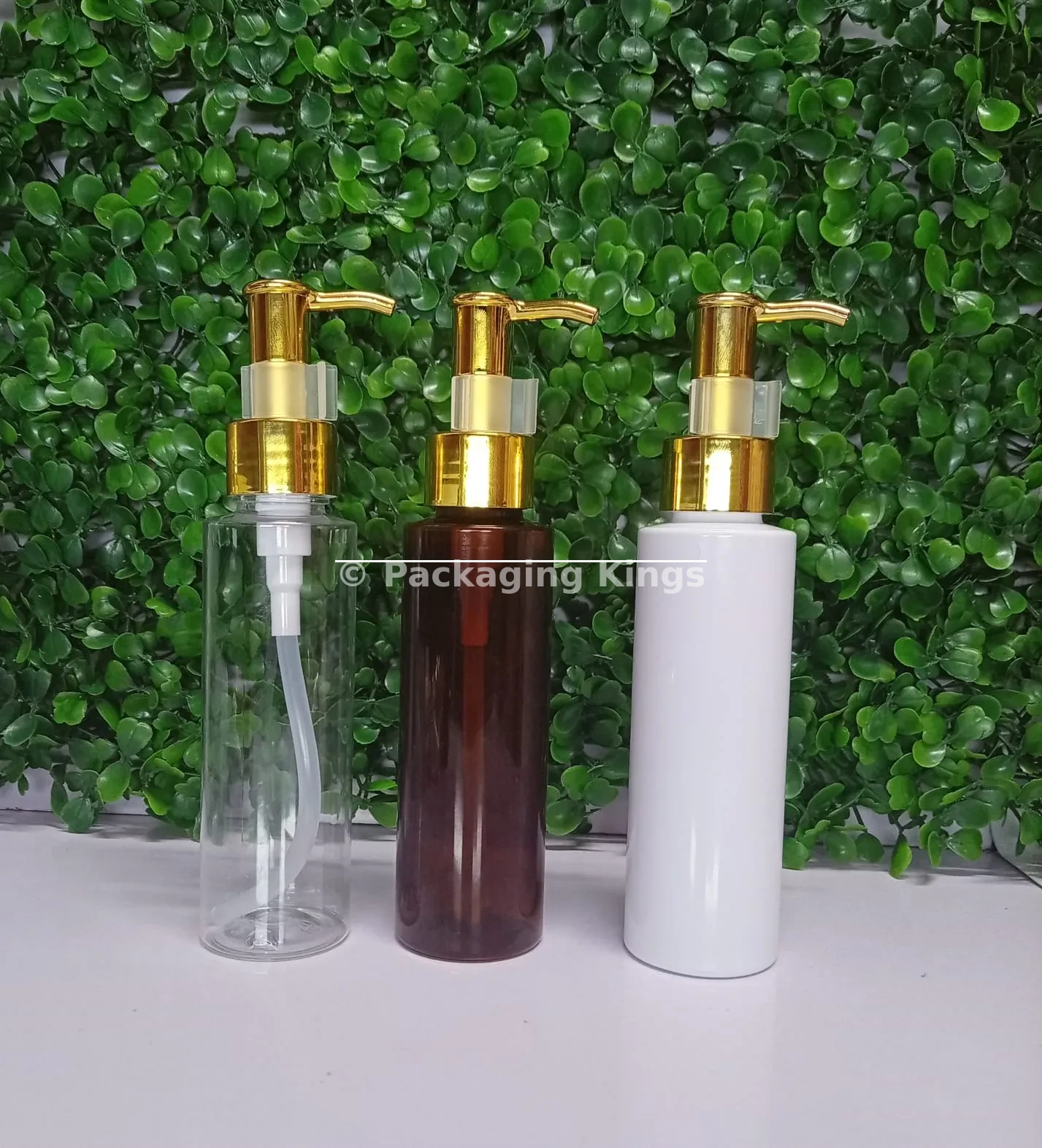 100ml Tall Flat Shoulder Plastic Bottles with Gold Pump (5 Pack) – Clear, White, & Amber Bottles for Lotions, Oils, & Serums
