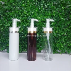 100ml Tall Flat Shoulder Plastic Bottles with White Accent Pump (5 Pack) – Clear, White, & Amber Bottles for Lotions, Oils, & Serums