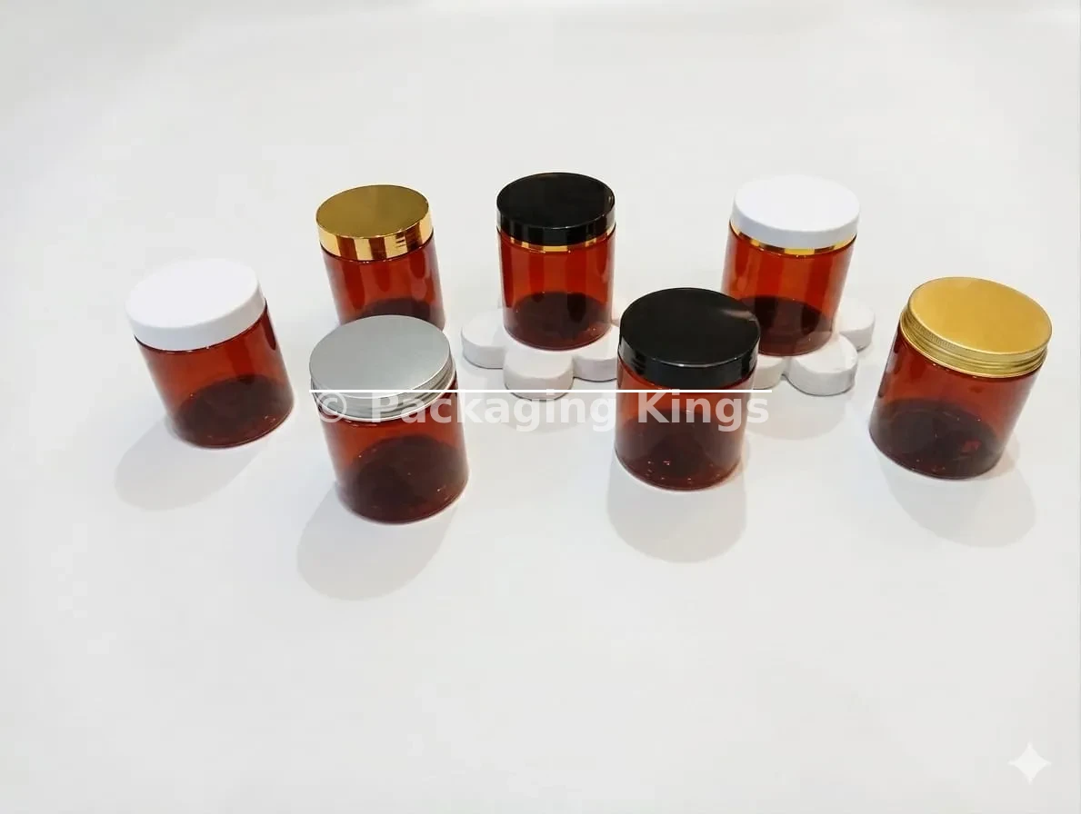 250g Tall Amber PET Plastic Jars with Gaskets (Amber UV-Protecting Cosmetic Packaging for Skincare & Creams)