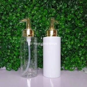 250ml Short Flat Shoulder Plastic Bottles with Gold Pump & Clear Cap (5 Pack) – Clear & White Bottles for Lotions & Shampoos