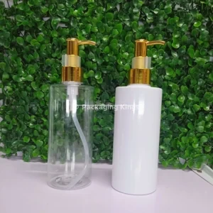 250ml Short Flat Shoulder Plastic Bottles with Gold Pump (5 Pack) – Clear & White Bottles for Lotions, Shampoos, & Body Wash