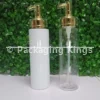250ml Tall Flat Shoulder Plastic Bottles with Gold Pump & Clear Cap (5 Pack) – Clear & White Bottles for Lotions & Shampoos