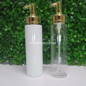 250ml Tall Flat Shoulder Plastic Bottles with Gold Pump & Clear Cap (5 Pack) – Clear & White Bottles for Lotions & Shampoos