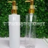 250ml Tall Flat Shoulder Plastic Bottles with Gold Pump (5 Pack) – Clear & White Bottles for Lotions, Oils, & Body Wash
