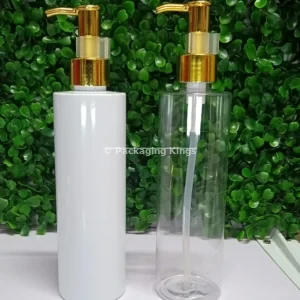 250ml Tall Flat Shoulder Plastic Bottles with Gold Pump (5 Pack) – Clear & White Bottles for Lotions, Oils, & Body Wash
