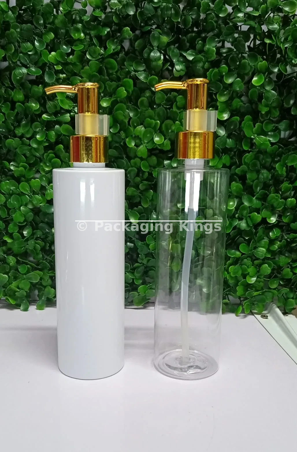 250ml Tall Flat Shoulder Plastic Bottles with Gold Pump (5 Pack) – Clear & White Bottles for Lotions, Oils, & Body Wash