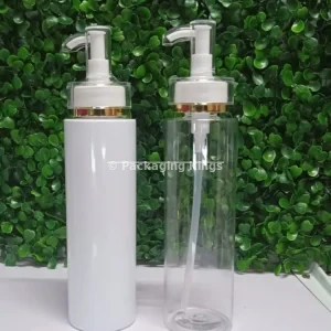 250ml Tall Flat Shoulder Plastic Bottles with White Accent Pump (5 Pack) – Clear & White Bottles for Lotions, Shampoos, & Body Wash