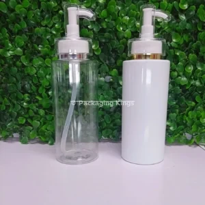 250ml Short Flat Shoulder Plastic Bottles with White Accent Pump (5 Pack) – Clear & White Bottles for Lotions, Shampoos, & Body Wash