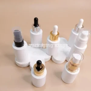 Glass Serum Bottle (30ml Flat Shoulder) with Pump or Dropper (5 Pack) – Opaque White Glass Bottles for Vitamin C & Face Oils