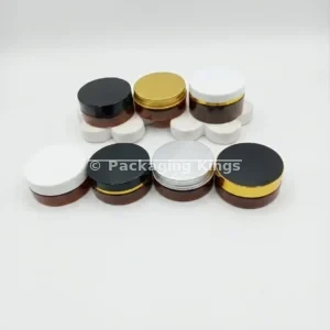 50g Amber PET Plastic Jars with Lids (5 Pack) – Light-Filtering Cosmetic Containers with Gold, Silver, Black, or White Lid Options for Creams & Scrubs
