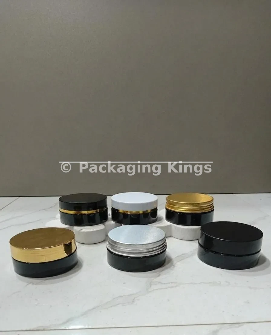 50g Black PET Plastic Jars with Lids (5 Pack) – Light-Blocking Cosmetic Containers with Gold, Silver, Black, or White Lid Options for Creams & Scrubs
