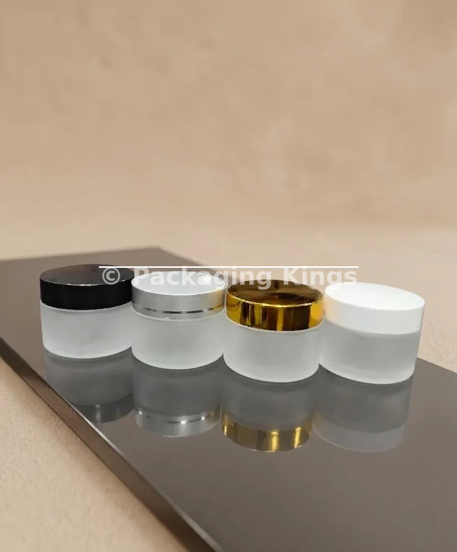 50g Frosted Glass Cosmetic Jars with Lids (5 Pack) – Translucent Glass Jars with Silver, Black, White, or Electroplated Lids for Creams & Masks