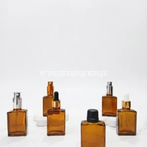 Amber Rectangular Glass Serum Bottles with Dropper, Pump, Spray, or Screw Cap (5 Pack) – Amber Glass Bottles for Face & Hair Serums