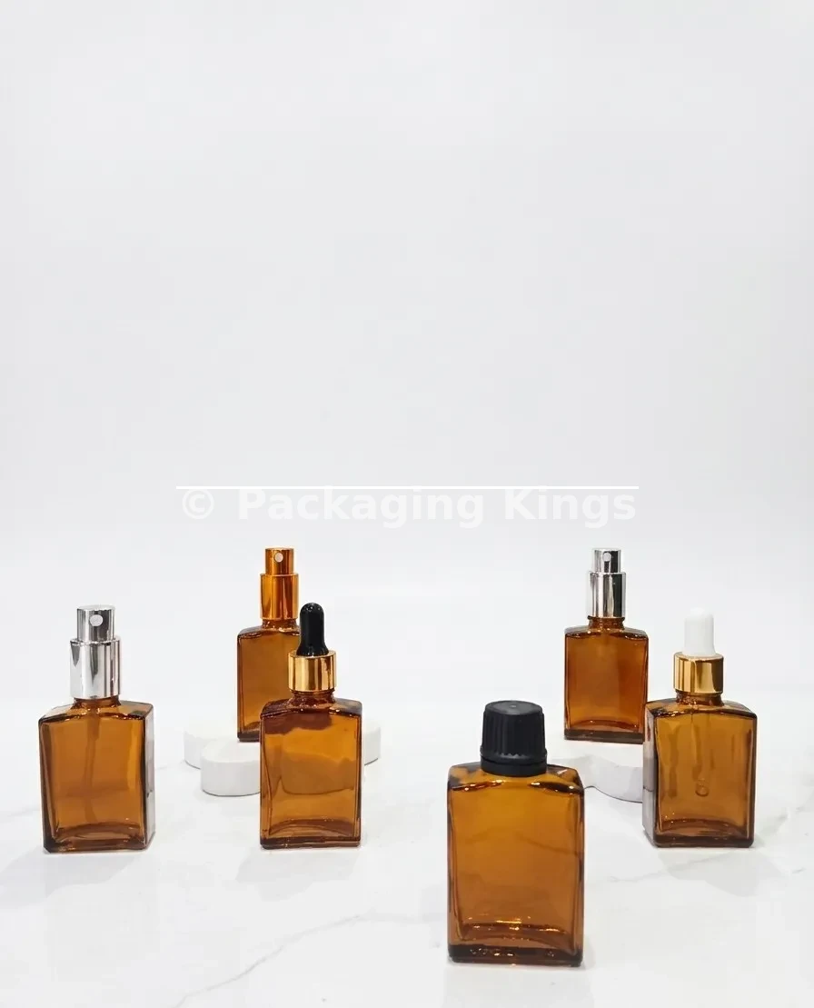 Amber Rectangular Glass Serum Bottles with Dropper, Pump, Spray, or Screw Cap (5 Pack) – Amber Glass Bottles for Face & Hair Serums