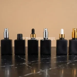 Black Rectangular Glass Serum Bottles with Dropper, Pump, Spray, or Screw Cap (5 Pack) – Light-Blocking Glass Bottles for Face & Hair Serums