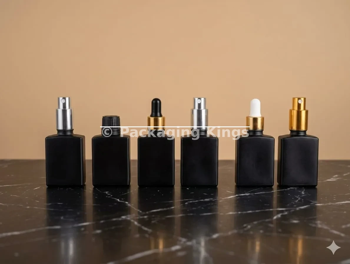 Black Rectangular Glass Serum Bottles with Dropper, Pump, Spray, or Screw Cap (5 Pack) – Light-Blocking Glass Bottles for Face & Hair Serums