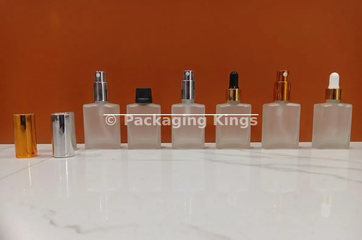 Frosted Rectangular Glass Serum Bottles with Dropper, Pump, Spray, or Screw Cap (5 Pack) – Translucent Glass Bottles for Face & Hair Serums