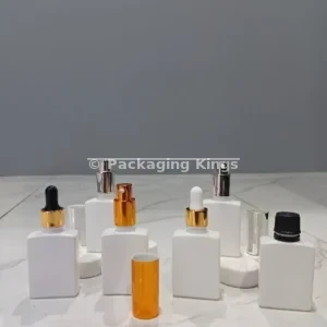 White Rectangular Glass Serum Bottles with Dropper, Pump, Spray, or Screw Cap (5 Pack) – White Glass Bottles for Face & Hair Serums