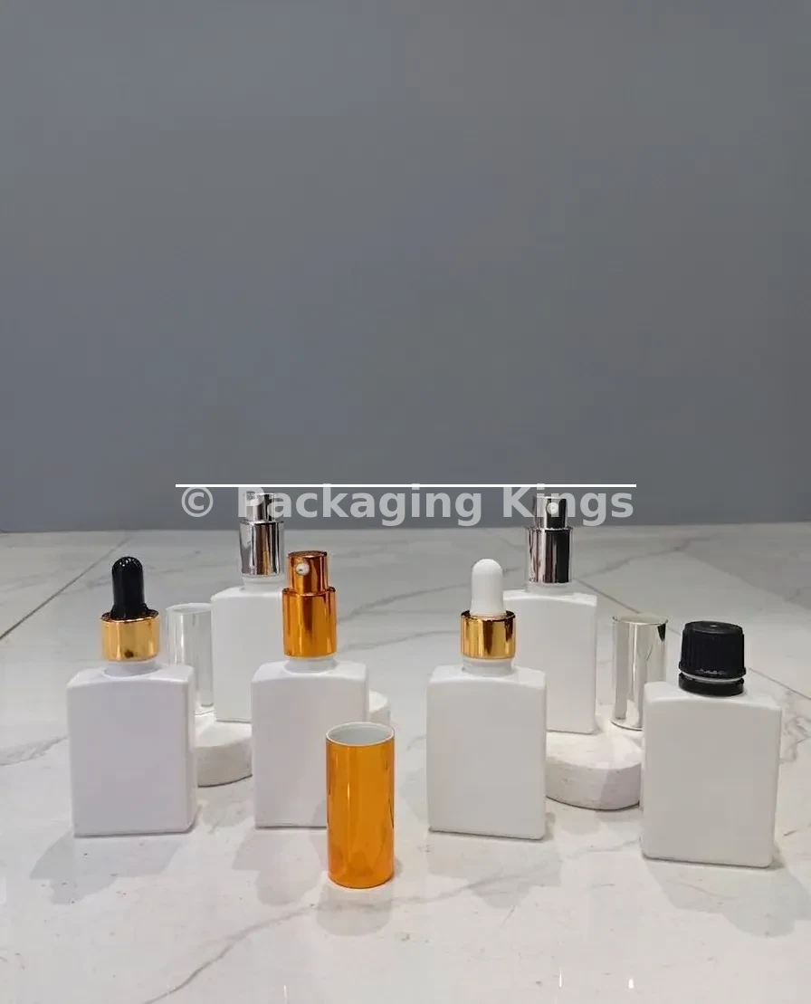 White Rectangular Glass Serum Bottles with Dropper, Pump, Spray, or Screw Cap (5 Pack) – White Glass Bottles for Face & Hair Serums